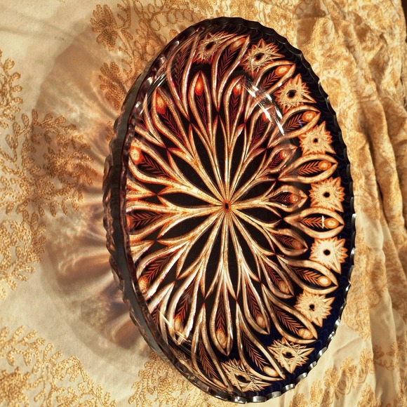 Vintage Czech Bohemian Cut to Clear 12.5" Bowl Feather Pattern Brown Orange - Picture 2 of 16